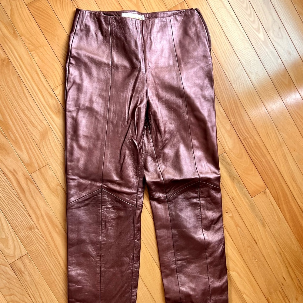 Dusty pink metallic genuine leather pencil pants